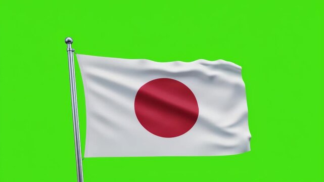 Realistic Japanese Flag Waving on Green Screen Chroma Key - 3D Rendered Japan National Symbol Animation 4K