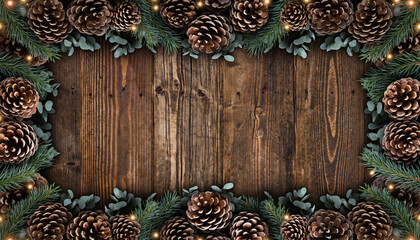 Fototapeta premium Christmas frame with pine cones, fir branches, eucalyptus and glowing lights on a rustic dark wood background. Winter holiday composition with copy space for text, perfect for invitations or templates
