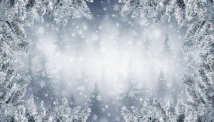 Elegant Christmas winter background with a frame of snow-covered fir branches. Blurry, frosty forest with falling snowflakes and soft bokeh. Ideal for holiday greeting cards, templates, or invitations