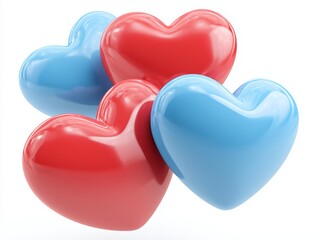 Hearts icon, valentine red and blue hearts, 3d looking hearts on white background