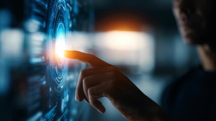 A close up of a hand engaging with a holographic touchscreen interface in a modern, dimly lit setting. The image symbolizes digital transformation and cutting edge solutions