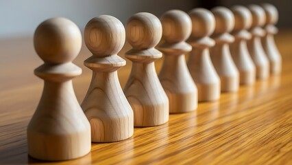 Row of Light Wooden Pawns: Teamwork, Leadership, and Strategic Alignment on Wood Table