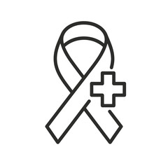 Thin-outline cancer awareness ribbon icon with a medical cross, ideal for oncology education, health apps, prevention campaigns, and medical communication.