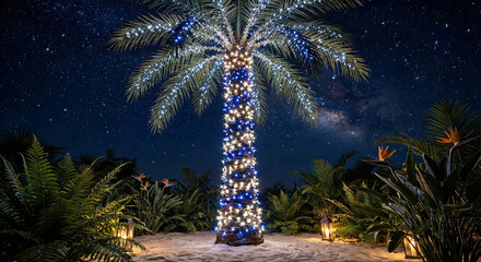 decorated for Christmas, a palm tree with string lights at night, xmas mood