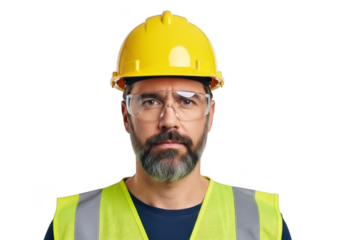 Serious bearded construction worker wearing yellow hard hat safety glasses and high visibility vest isolated on transparent background