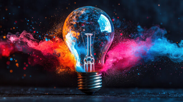 Light bulb exploding with vibrant colorful paint and powder, representing innovation, bright ideas, creativity, artistic expression, big bang, inspiration, and discovery - Powered by Adobe