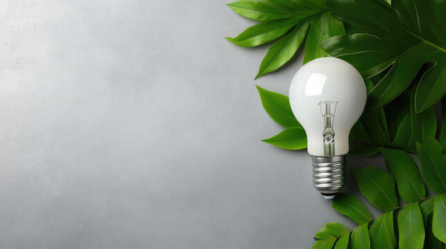 Lightbulb resting among green tropical leaves, symbolizing eco-friendly energy, environmental consciousness, renewable resources, sustainable power, and green technology for a brighter future - Powered by Adobe