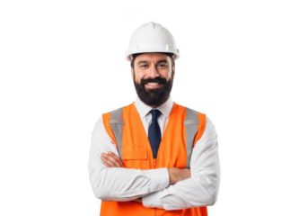 Smiling bearded man in white hard hat and orange safety vest with arms crossed isolated on transparent background