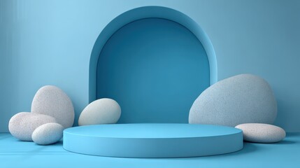 Fototapeta premium Serene Light Blue Backdrop with Round Stones and Podium for Elegance in Presentations