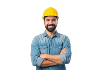 Smiling bearded man wearing yellow hard hat and denim shirt with arms crossed isolated on transparent background