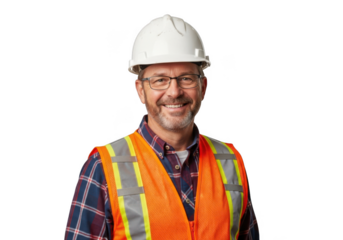 Smiling middle aged construction worker wearing a white hard hat and bright orange safety vest isolated on transparent background