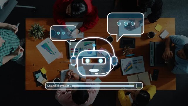 A diverse team collaborates around a table, discussing ideas while a digital chatbot graphic enhances their interaction and workflow in a modern workspace. Raster