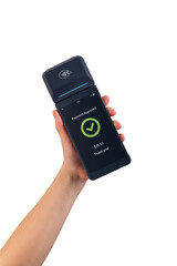 Hand holding wireless POS terminal displaying payment approved screen, showing modern digital...