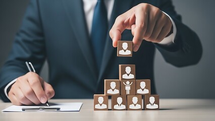 Leadership Hierarchy: Building a Team with Wooden Blocks and Person Icons for Human Resources
