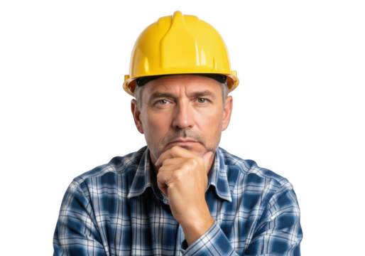 Serious construction worker wearing a yellow hard hat and blue plaid shirt with hand on chin contemplating a project isolated on transparent background - Powered by Adobe