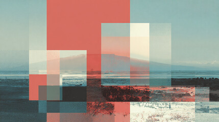 Geometric abstraction overlaying a scenic landscape with soft hues and square shapes