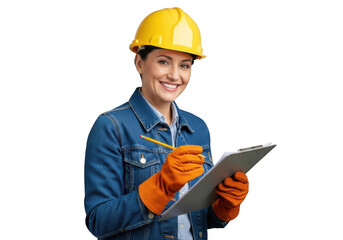 Smiling female construction worker wearing yellow hard hat and orange gloves holding clipboard and pencil isolated on transparent background