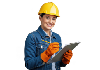 Smiling female construction worker wearing yellow hard hat and orange gloves holding clipboard and pencil isolated on transparent background