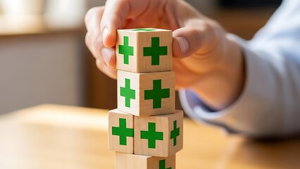 Positive Health: Stacked Blocks with Cross Symbols Representing Wellness, Support, and Safety Concepts