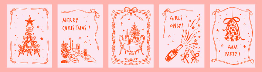 Set of Merry Christmas and Happy New Year coquettish girly posters, bow ribbon frames bachelorette party invitations. Whimsical crayon doodle drawing. Christmas romantic dinner table. Cocktail pyramid