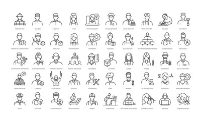 Professions and Occupations Thin Line Vector Icons Set