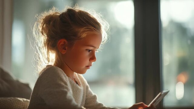 A focused child explores a touchscreen device while sitting near a window with natural light streaming in. The image captures the essence of digital learning and youthful curiosity at home