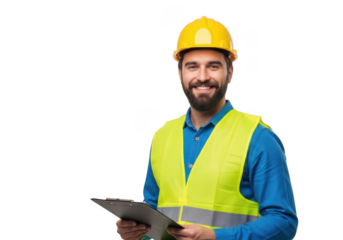 Smiling bearded man wearing yellow hard hat and high visibility vest holding clipboard isolated on transparent background