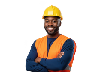 A smiling african american construction worker wearing a yellow hard hat and orange safety vest with arms crossed isolated on transparent background