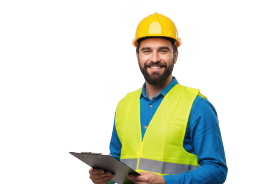 Smiling bearded man wearing yellow hard hat and high visibility vest holding clipboard isolated on transparent background - Powered by Adobe