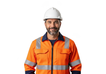 A smiling construction worker wearing a white hard hat and bright orange safety jacket with reflective stripes isolated on transparent background