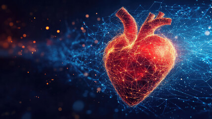 Human heart glowing with energy, forming a digital network of interconnected lines and dots on a dark blue background, representing advanced medical technology, cardiology research, and human health