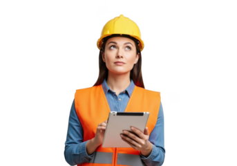 Female construction worker wearing yellow hard hat and orange safety vest holding tablet looking upwards isolated on transparent background