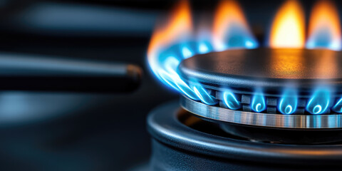 Blue flame burning on a kitchen gas stove burner, providing heat for cooking, representing efficient energy consumption and household utility costs