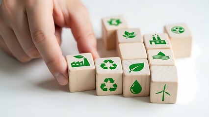 Sustainable Business Practices: Wooden Blocks with Eco-Friendly Symbols representing Environmental Awareness and Corporate Responsibility