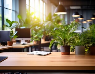 Fototapeta premium blurred view of a modern plant filled workspace
