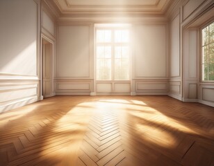 Fototapeta premium empty room with sunbeams light filled herringbone wooden floor and white walls