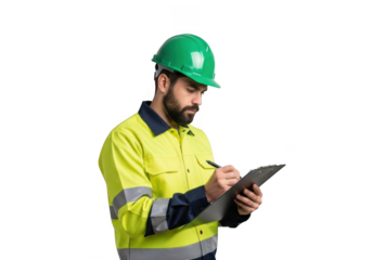 Construction worker wearing a green hard hat and high visibility safety vest writing on a clipboard isolated on transparent background