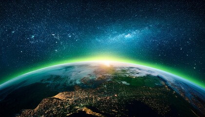 view of planet earth from orbit with glowing green atmosphere and starry cosmic background futuristic astronomy concept space exploration galaxy and science fiction design