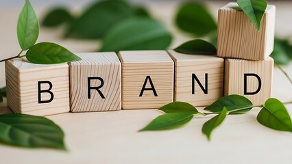 Word BRAND on Wooden Blocks with Greenery: Business Identity, Marketing, and Nature-Inspired Growth