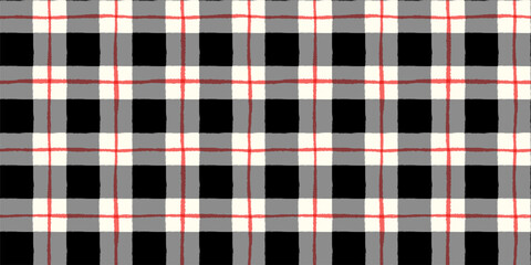 Hand Painted Black and Red Check Seamless Vector Pattern, Plaid Background for Winter Fabric and Paper Design
