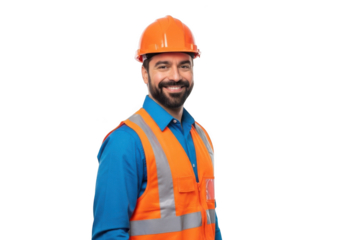 Smiling male construction worker wearing orange hard hat and high visibility vest isolated on transparent background