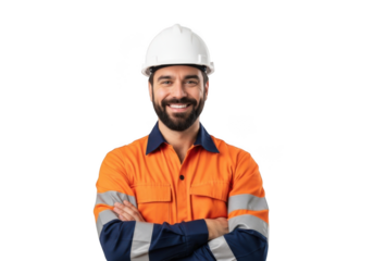 Smiling construction worker wearing a white hard hat and orange high visibility workwear with arms crossed isolated on transparent background