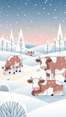 Cute cows in snowy winter landscape, peaceful farm animals grazing and resting among frosty hills and pine trees, charming pastoral cartoon scene for seasonal illustration