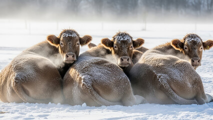 Group of musk oxen huddling together in snowy tundra for warmth and protection, powerful wildlife behavior scene in Arctic winter environment