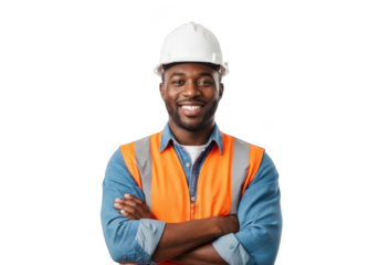 Smiling african american construction worker wearing a white hard hat and orange safety vest with arms crossed isolated on transparent background