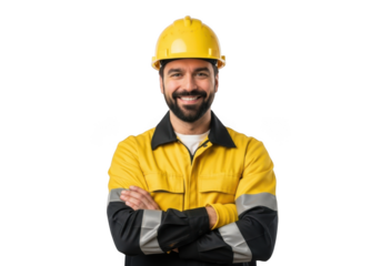 Smiling construction worker wearing a yellow hard hat and reflective work jacket with arms crossed isolated on transparent background