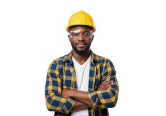 A confident black construction worker wearing a yellow hard hat and safety glasses with arms crossed isolated on transparent background