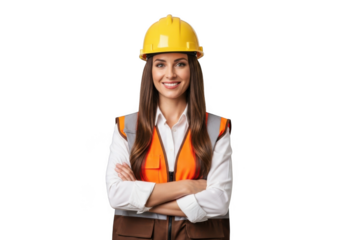 A professional woman wearing a yellow hard hat and orange safety vest with arms crossed isolated on transparent background