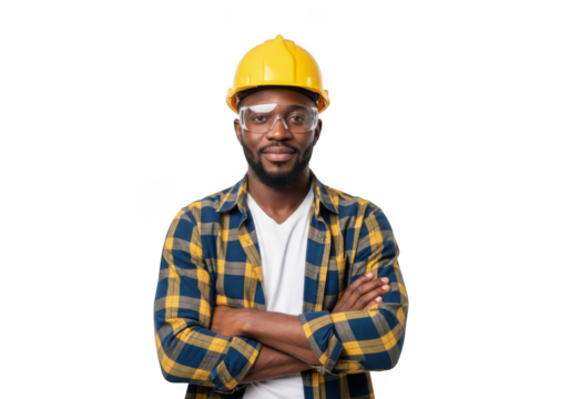 A confident black construction worker wearing a yellow hard hat and safety glasses with arms crossed isolated on transparent background - Powered by Adobe