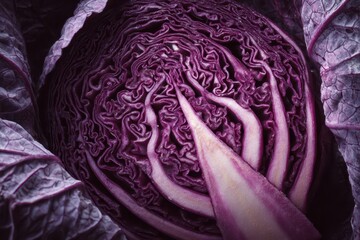 Obraz premium Moody Macro Shot of Fresh Half Red Cabbage Revealing Intricate Textured Layers - A Healthy Organic Ingredient from the Farmers Market